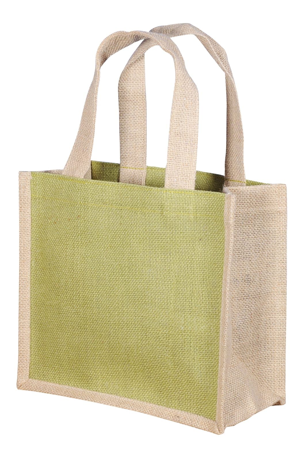Natural jute tote bag with an olive green front panel and short cream handles